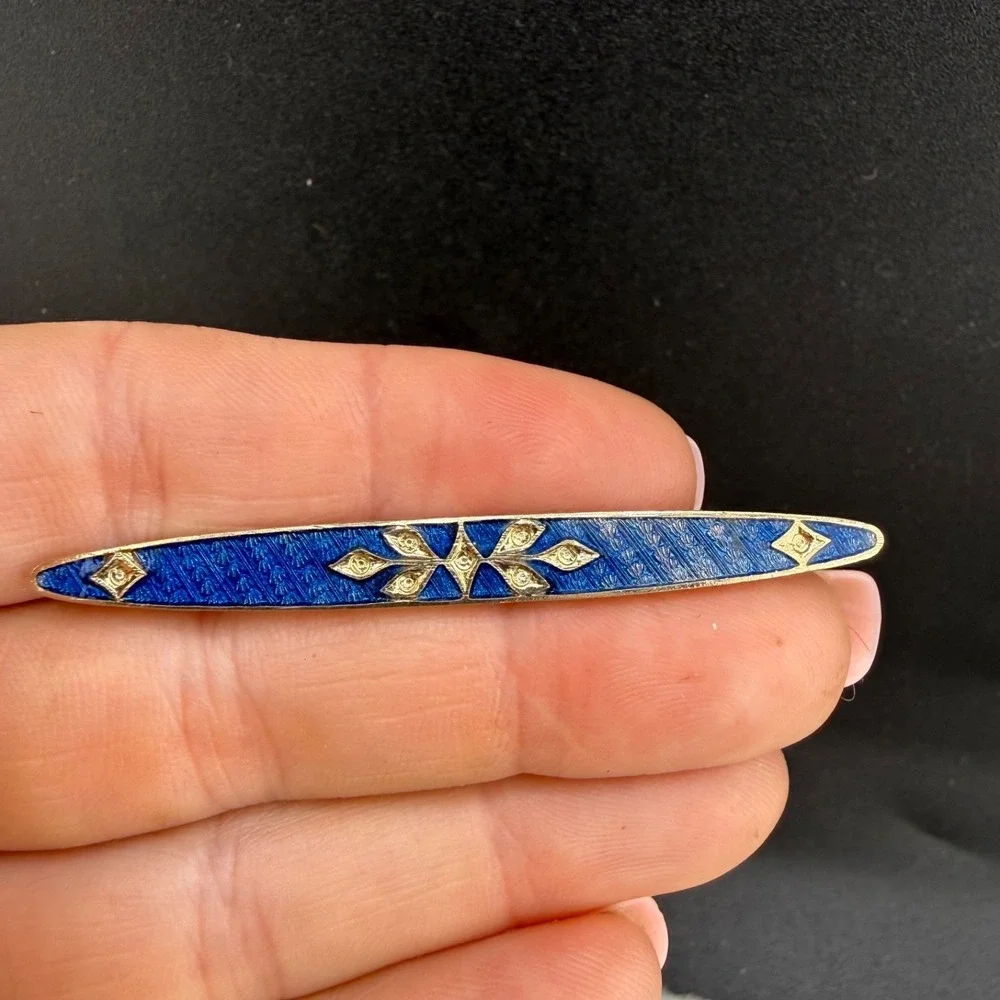 Vintage Guilloche Enamel Bar Brooch Gold Tone Blue